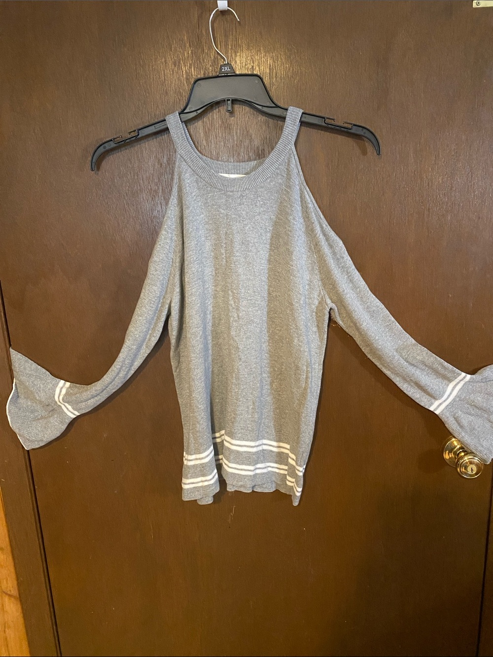 Honey Punch Gray Off-the-Shoulder Sweater with White Stripes